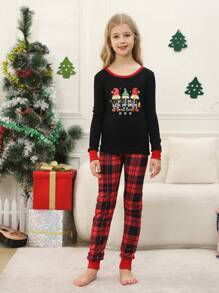 2-Piece Set Of Young Girl Christmas Family Matching Pajamas, Fun Santa Plaid Long-Sleeved Pants, Holiday Comfortable Snug Fit Homewear Set