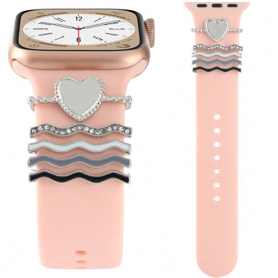 5pcs/Set Universal Silicone Watch Band Decorative Ring Compatible With Apple Watch Bands - Silver - View 1