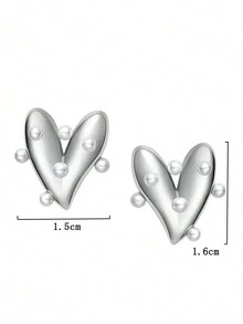2入組合金心形和珍珠裝飾的ins風格極簡主義女性時尚耳釘 - 銀色 - 查看 4