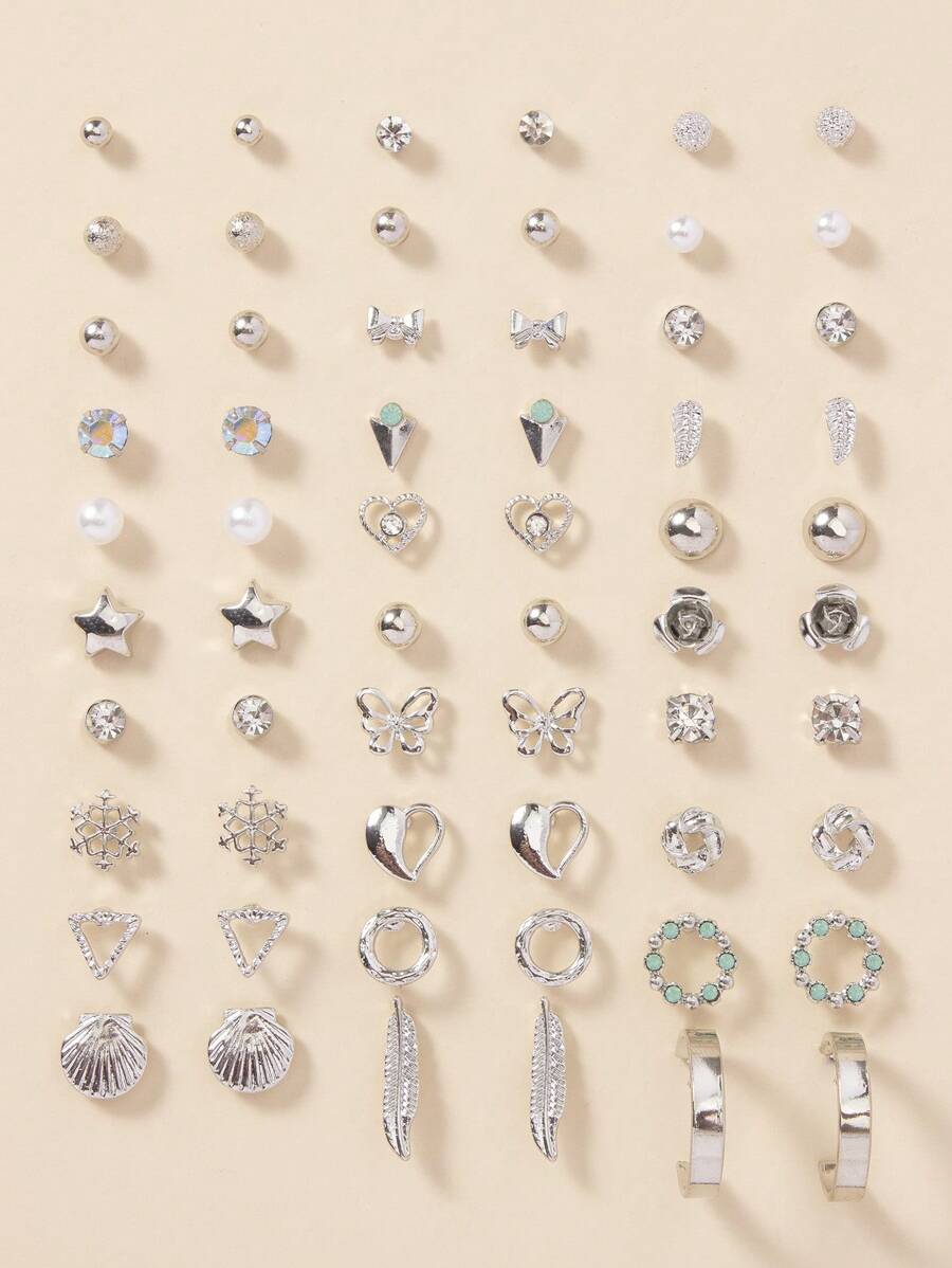 30pairs/Set Exquisite & Simple Faux Pearl, Flower, Heart & Bow Shaped Metal Earrings For Women, Dating Gift - Silver - View 1