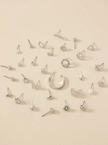 30pairs/Set Exquisite & Simple Faux Pearl, Flower, Heart & Bow Shaped Metal Earrings For Women, Dating Gift - Silver - View 2