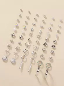 30pairs/Set Exquisite & Simple Faux Pearl, Flower, Heart & Bow Shaped Metal Earrings For Women, Dating Gift - Silver - View 4
