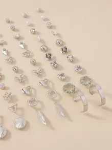 30pairs/Set Exquisite & Simple Faux Pearl, Flower, Heart & Bow Shaped Metal Earrings For Women, Dating Gift - Silver - View 6