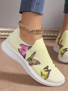 女款2023新款時尚蝴蝶一腳蹬黃色輕便休閒運動鞋透氣網布軟底
