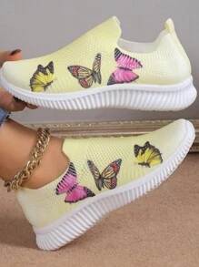 女款2023新款時尚蝴蝶一腳蹬黃色輕便休閒運動鞋透氣網布軟底