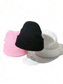 男女童針織帽純色1入組保暖光面嬰兒秋冬款時尚冷帽