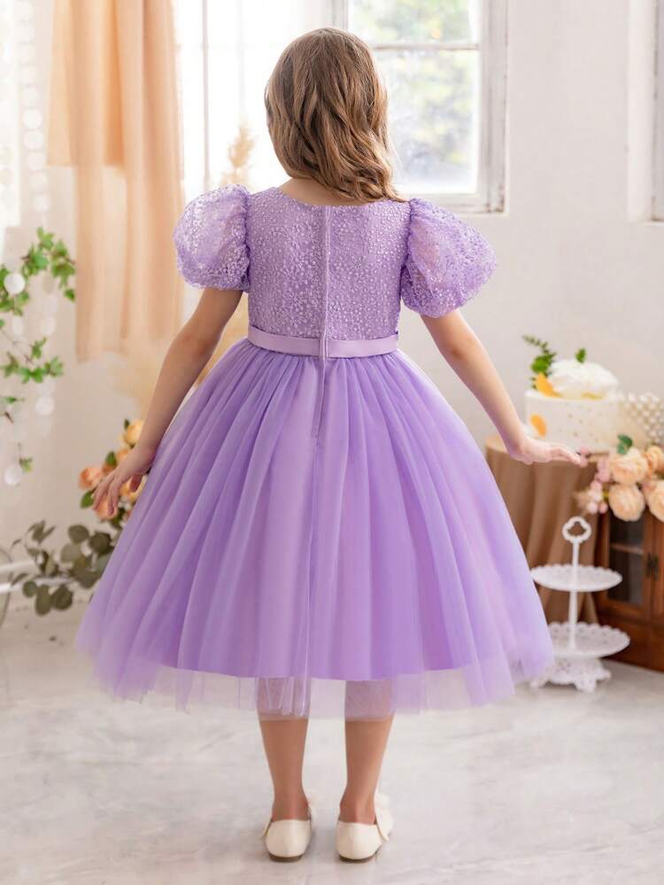 Young Girl Heart-Shaped Princess Tulle Dress With Handmade Beading & Puff Sleeves, Suitable For Birthday Party, Valentine's Day Gift, Party, Wedding Flower Girl, Stage Performance, Holiday Celebration