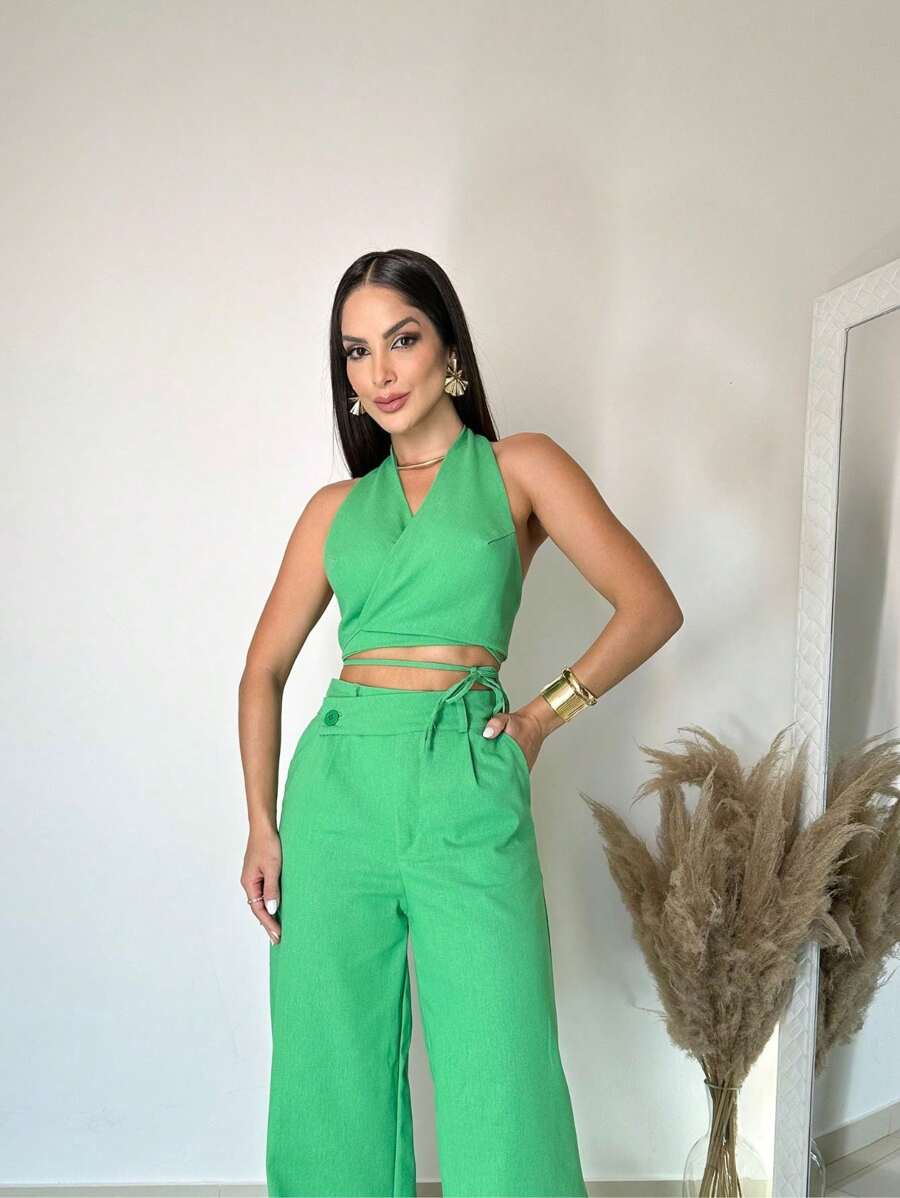 Conjunto Elegante Con Top Corto Y Pantalón Palazzo De Lino - Verde - Ver 1