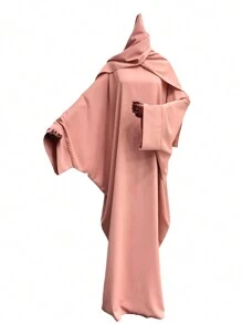 1件女士圓領蝙蝠袖長袍,附雪紡頭巾,適合日常穿著-謙遜優雅 - 粉色 - 查看 10