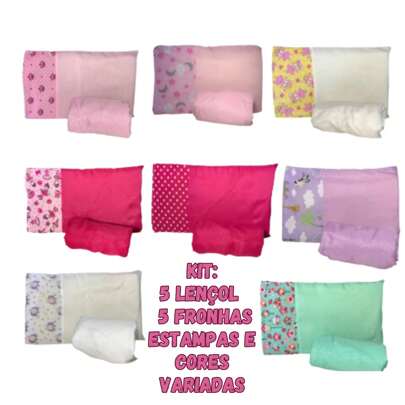 KIT 5 LENÇOL DE BERÇO COM ELÁSTICO E 5 FRONHAS COM BARRADO ESTAMPADO MENINA