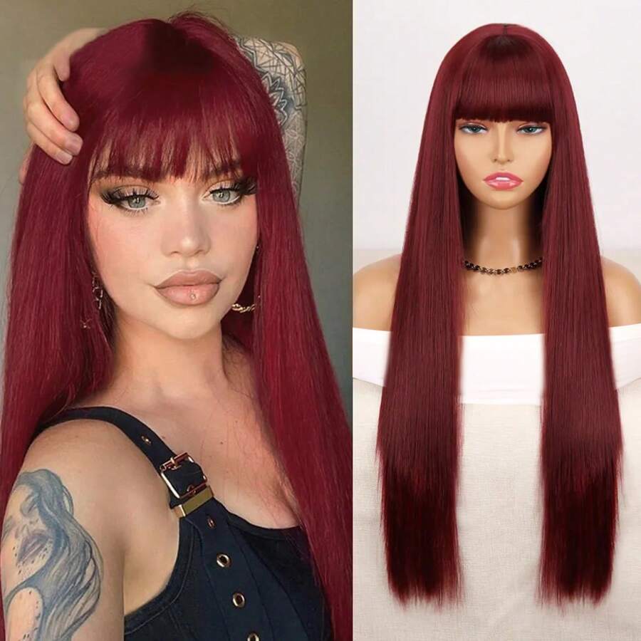 酒紅色長直帶瀏海合成假髮女性用耐高溫日常萬聖節角色扮演派對自然髮型 - 酒紅色 - 查看 1