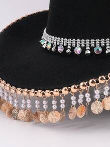 1頂[牛仔帽]鑲嵌鑽石和流蘇和羊毛製成的牛仔帽,捲邊騎士帽,秋冬軟質帽,舞台表演帽,派對帽,新娘婚禮帽 - 鏽棕色 - 查看 4