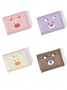 女學生可愛卡通小熊圖案時尚三折皮夾多卡片零錢袋日常用女生節日禮物 - 棕色 - 查看 2