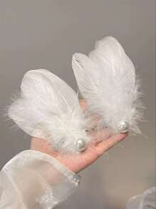 2 pièces Élégantes Barrettes de Cheveux avec Perles Blanches Factices et Plumes pour Femmes, Convient pour Représentation de Danse et Photographie en Extérieur