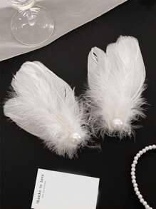 2 pièces Élégantes Barrettes de Cheveux avec Perles Blanches Factices et Plumes pour Femmes, Convient pour Représentation de Danse et Photographie en Extérieur