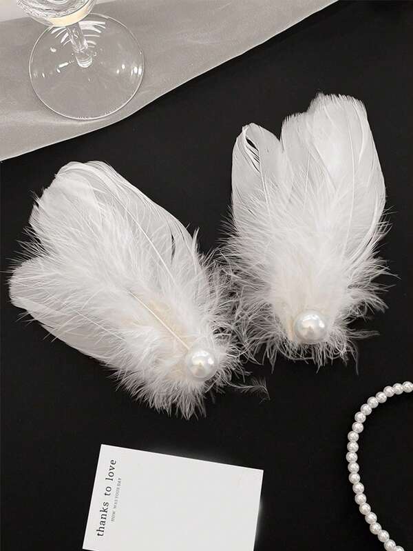 Elegant 2pcs White Faux Pearl & Feather Ballet Hair Clip For Women, Suitable For Dance Performance & Outdoor Photography Claw Clips Hair Claws Hair Barrettes, School Stuff, Pearl Hair Accessories