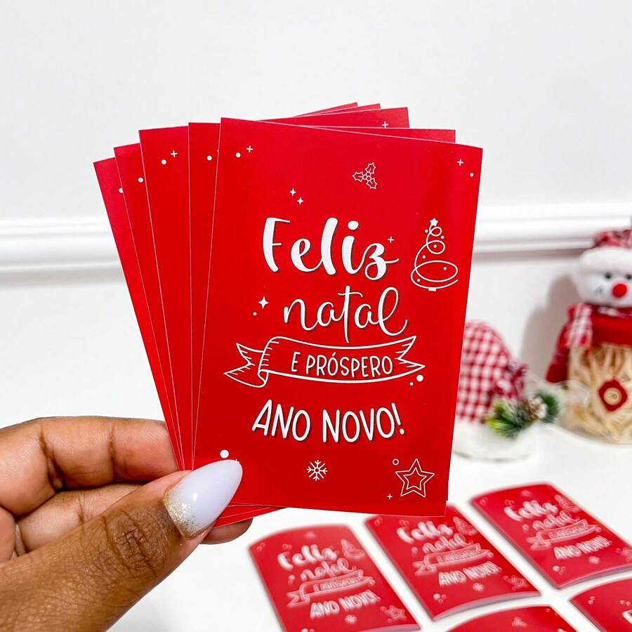 50 Folhetos Natal - Folheto Boas Festas - Próspero Ano Novo - Vermelho - Visão 1