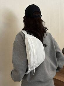 女士时尚休闲百搭纯色单肩包，便携腰包，适合所有季节的运动斜挎包 - 白色 - 查看 2