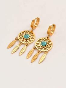 1入流行新款歐美風格奢華空心花朵、羽毛和流蘇女式耳環,適用於休閒和旅遊裝扮