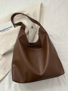 女款優雅軟包,細皮帶手提,拼接純色軟對包,適用於休閒通勤風格 - 棕色 - 查看 3