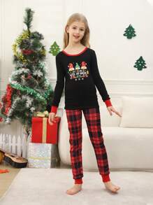 2-Piece Set Of Young Girl Christmas Family Matching Pajamas, Fun Santa Plaid Long-Sleeved Pants, Holiday Comfortable Snug Fit Homewear Set