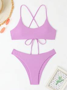Bộ Bikini 2023 Mới Bộ Bikini Gợi Cảm Màu Trơn Nữ Thời Trang Bộ Bikini Đồ Bơi, 2 Bãi Biển Mùa Hè - Màu tím - Xem 5