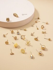 30 对/套精致简洁的金属仿珍珠小花心形蝴蝶结女士约会耳环礼品套装情人节 - 金黃色 - 查看 2