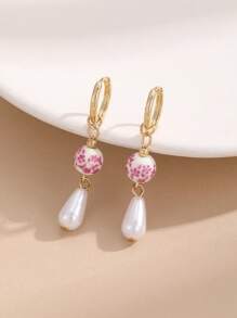 1 par de brincos de cerâmica com pérolas falsas estilo vintage, adequados para uso diário feminino