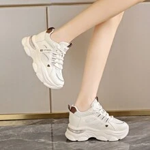 米色及色塊設計的女士時尚休閒鞋,適用於春秋季節；舒適,增高,氣墊,厚底運動鞋 - 米色 - 查看 4
