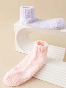 1 đôi Màu hồng Nhung san hô Màu thuần Chống trượt Dày Ấm áp Ngắn Vớ Đối với phụ nữ - Hồng - Xem 8