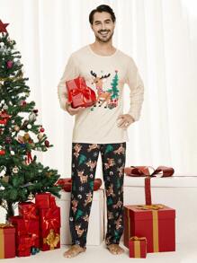 男士圣诞亲子睡衣套装（2件套），包含一件印有小鹿和圣诞树图案的长袖上衣和一条长裤，适合节日休闲穿着，秋冬季服装。 - 杏色 - 查看 1