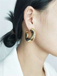 欧美风金属镂空C型圆形耳环高端简约不对称光面铜镀金耳饰 - 銀色 - 查看 4