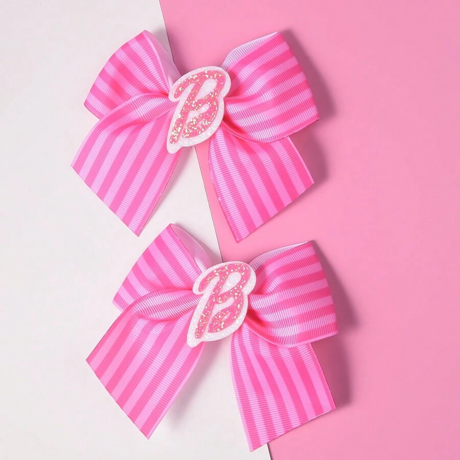 2 件粉色条纹印花涤纶丝带领结配洋葱粉色字母鳄鱼夹 - 女孩时尚发饰，日常穿着和装扮，电影和名人灵感系列可爱万圣节 - 粉色 - 查看 1