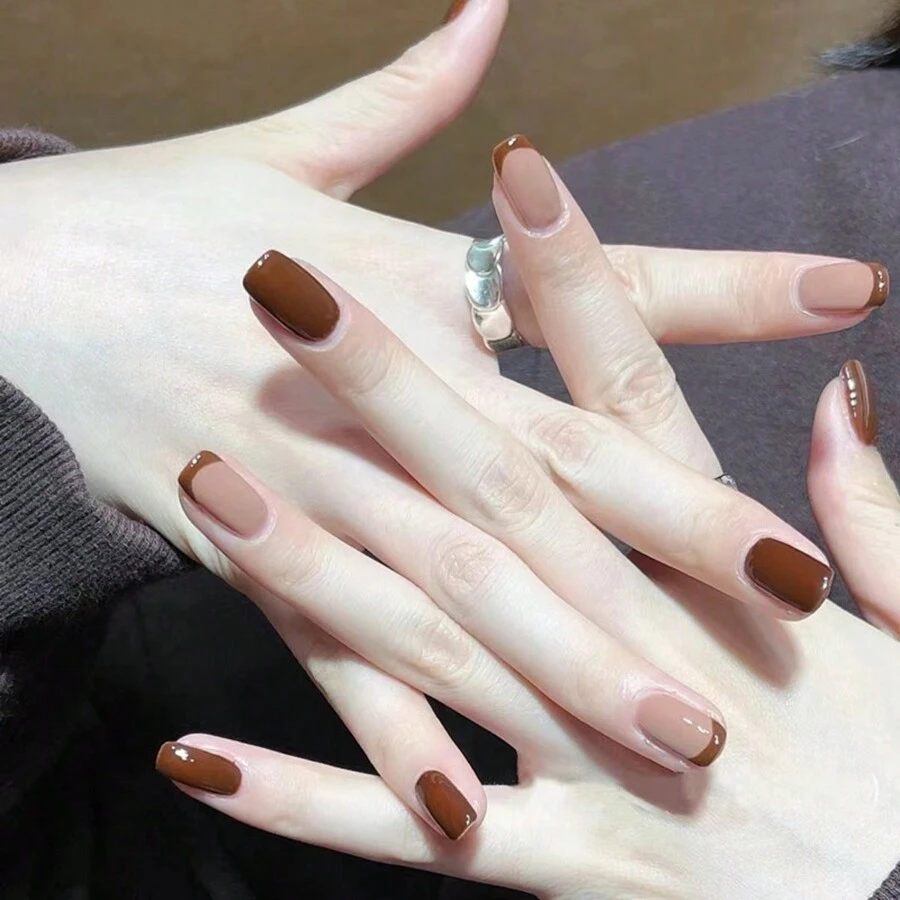 24 Piezas Uñas Postizas Cuadradas Cortas - Diseño De Color Sólido De Estilo Moderno, Simple Y Elegante De Café Y Beige Claro Para Uso Diario - Café integral - Ver 1