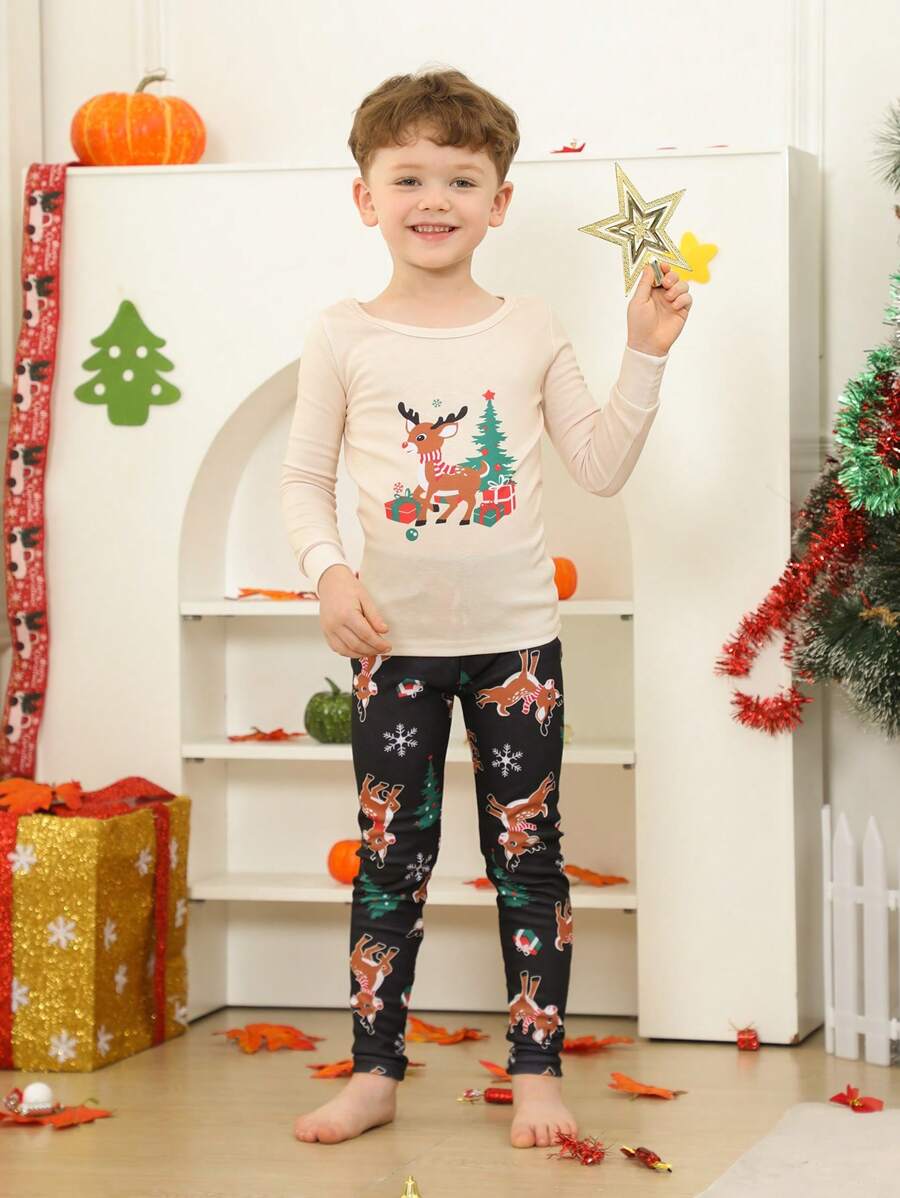 2 buc/Set pijamale asortate pentru familie de Crăciun pentru băieți tineri, top și pantaloni cu mâneci lungi imprimate reni și brad de Crăciun, îmbrăcăminte confortabilă pentru acasă