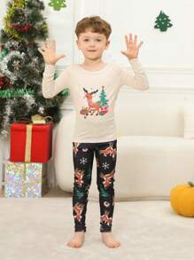2 buc/Set pijamale asortate pentru familie de Crăciun pentru băieți tineri, top și pantaloni cu mâneci lungi imprimate reni și brad de Crăciun, îmbrăcăminte confortabilă pentru acasă