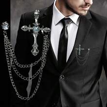 時尚珠寶鏈翻領別針男士西裝水晶十字胸針鉤針水鑽復古胸針女式 - 銀色 - 查看 1
