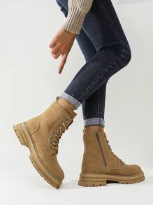 Alan Vincent 2020年秋冬女款高筒戶外徒步靴,帶有鞋帶和拉鍊,卡其色,防滑且耐用的橡膠底,厚實舒適,適合學生 - 黃色 - 查看 7