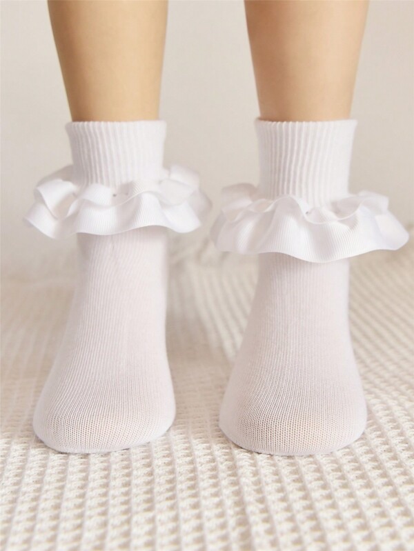 جوارب قصيرة باللون الصلب مزدوجة الطبقات من الحرير اللامع بشريط قماشي ودانتيل لأميرة صغيرة؛ ملابس يومية