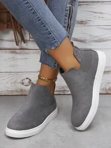 Nuove Scarpe Grigie Da Donna Senza Stringhe (modello A Stivaletto) Altezza Media, Scarpe Casual Da Indossare In Autunno E Inverno