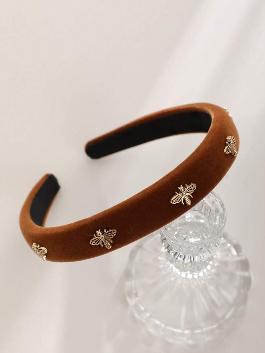 1条2厘米宽女士黑色天鹅绒蜜蜂装饰发箍，优雅甜美时尚，适合上学、派对、婚礼、日常佩戴，秋冬季节适用，发箍，发圈，发饰，头饰 - 棕色 - 查看 1