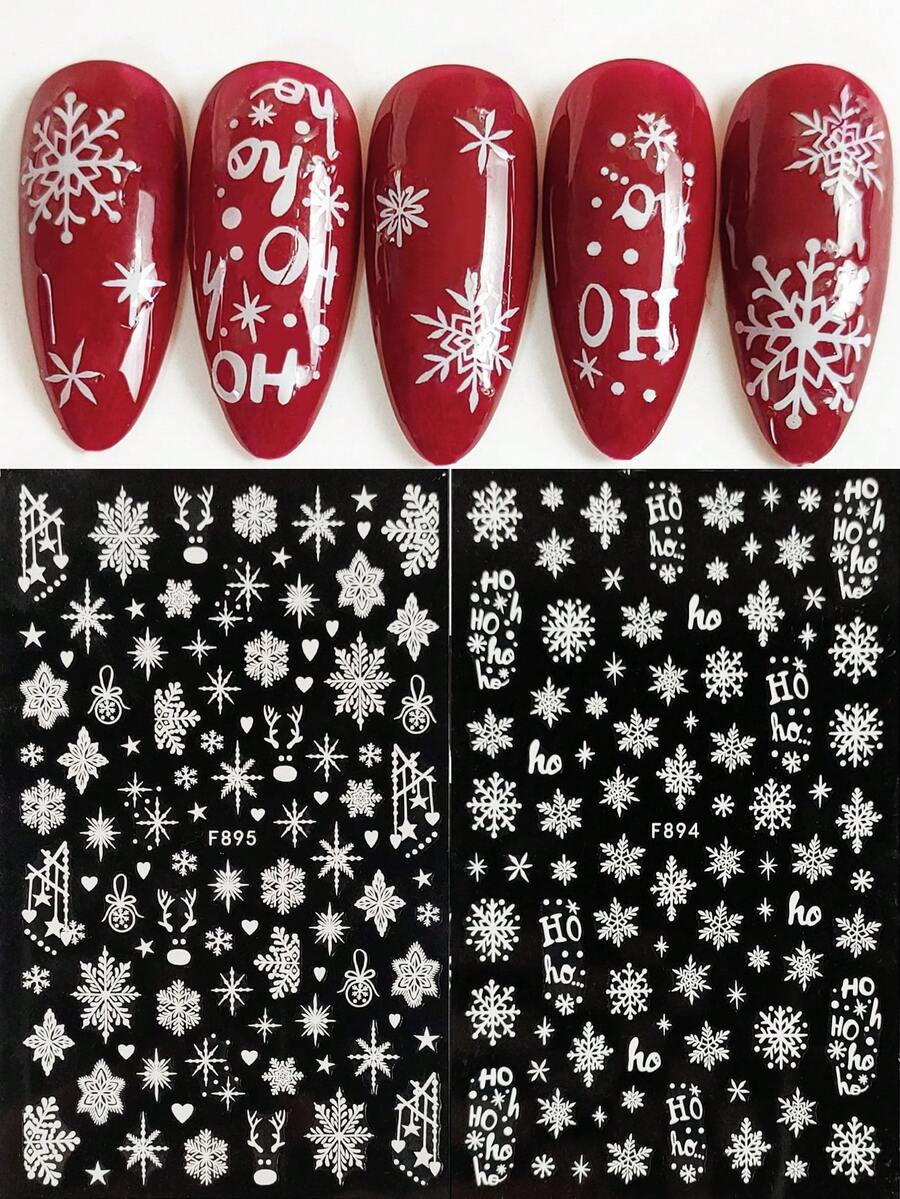 Tiebeauty 2入組白色閃光雪花指甲貼紙,麋鹿星心閃亮冬季自粘滑片貼紙新年聖誕美甲 - 白色 - 查看 1