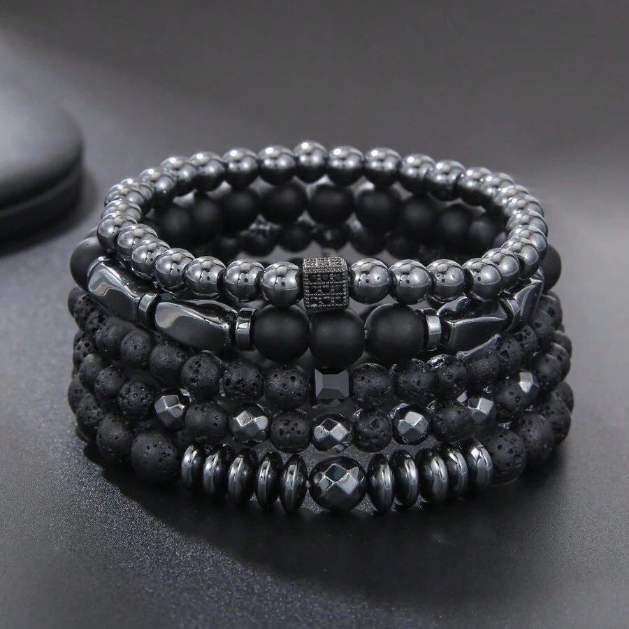 5pcs/Set Vintage Creative Lava Stone Beaded Square Cubic Zirconia Detail Matte Bracelets, Universal - Black - View 1