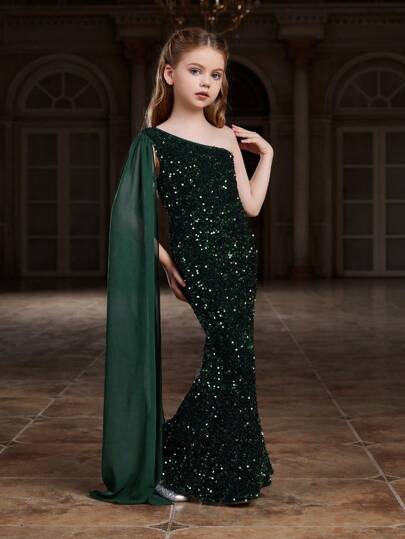 Tween Girl One-Shoulder Glitter Mermaid Dress With Flowing Ribbon