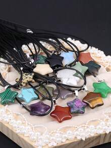 5入組/套天然石頭星形吊墜項鍊皮繩鏈45+5cm迷人的女士男士珠寶配飾,日常禮物 - 5件-20x20mm - 查看 1