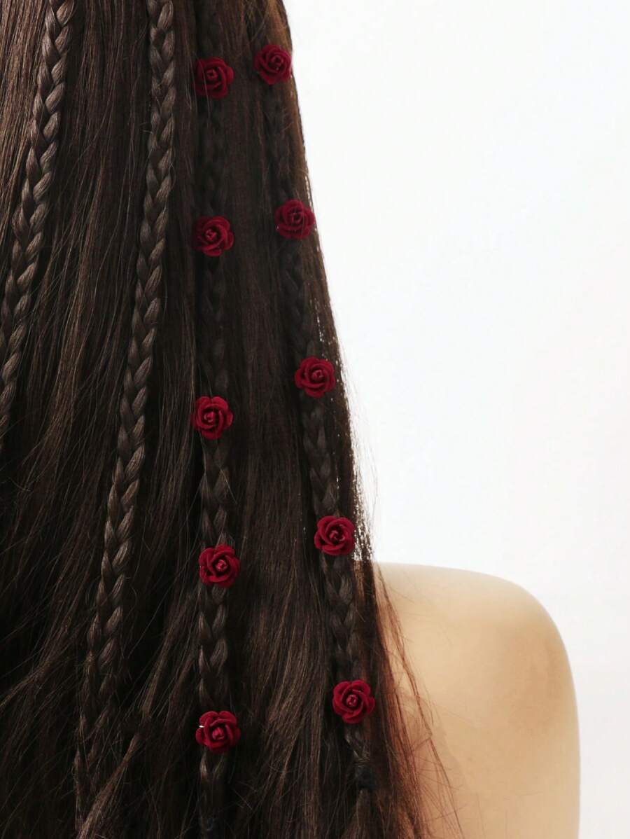 10pcs Rose Shaped Hair Clips For Women's Braids Hairstyles Boho Valentine's Day Valentines Claw Clips Hair Claws Hair Barrettes, School Stuff, Hair Accessories, Head Accessories, Hair Accessories For Women - Burgundy - View 1