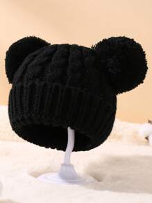 1個純色雙毛球厚實針織帽子,適用於兒童冬季保暖 - 黑色 - 查看 3
