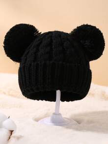 1個純色雙毛球厚實針織帽子,適用於兒童冬季保暖 - 黑色 - 查看 7