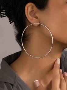 1pair Fashionable Geometric Square & Circle Design European & American Punk Retro Style Party Earrings With Long Hoops - big circle silver - View 16