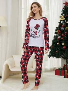 2pcs Women's Christmas Family Matching Pajamas, Cute Snowman & Reindeer Plaid Long Sleeve Top And Long Pants, Holiday Comfort Sleepwear Set, Fall Clothes - White - View 5
